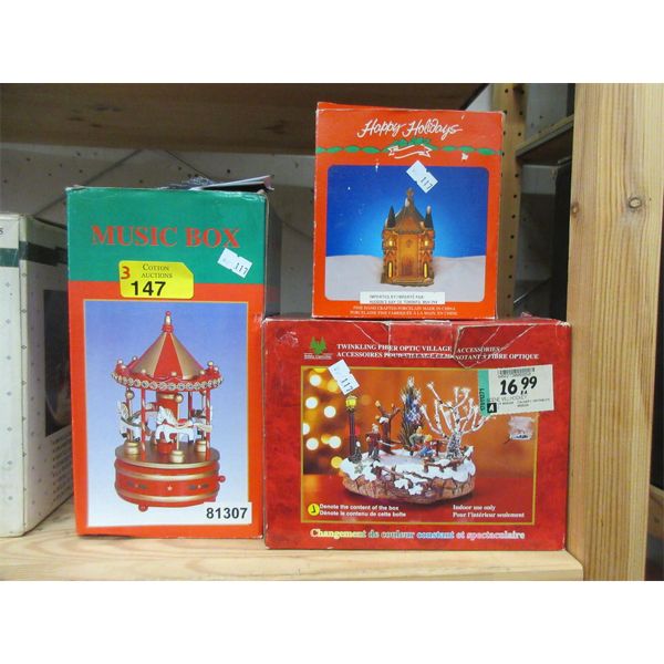 Carousel Music Box & 2 Illuminated Village Accessories 