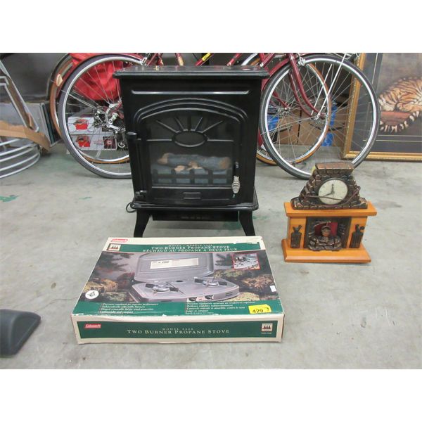 Heater, Propane Camp Stove & Vintage Clock