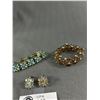 Image 3 : 2 Vintage Crystal Beads & Rhinestones Bracelets & 1 Pair Clip On Earrings