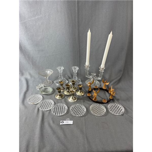 Vintage Lot Of Mostly Glass & Metal Candle Holders, Coasters, & More