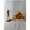 Image 1 : Vintage Golfer Resin Figurine Approx. 10" H  & Wood Log Cabin Battery Operated Clock. Approx. 10" H