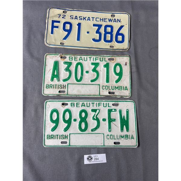 Lot Of 3 Vintage License Plates - 1 Saskatchewan, 2 British Columbia