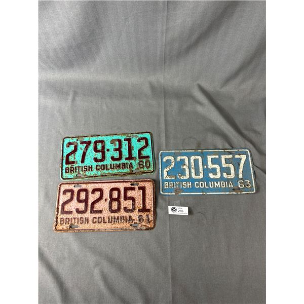 3 Early 1960's British Columbia License Plates - '60, '61, '63