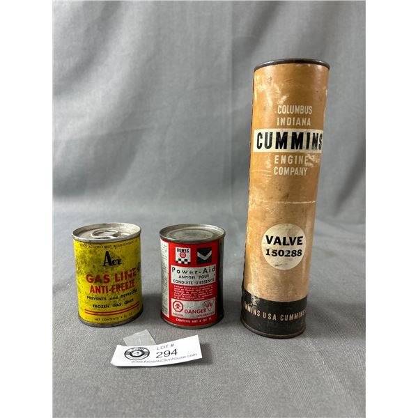 Lot Of 3 Vintage Garage Can Finds - Cummins Valve (Composite), Bowes Fuel Anti-Freeze (Tin) & Ace Ga