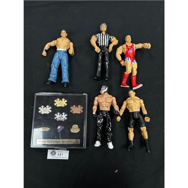 Lot of Vintage Wrestling Action Figures and Team BC Winter Game Pins 2007