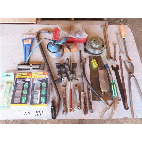 pail of tools , crowbar , files wrenches