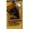 Image 3 : 3  20" NOMA lawnmower blades, fuel tank, tiller tire assembly in vintage apple box