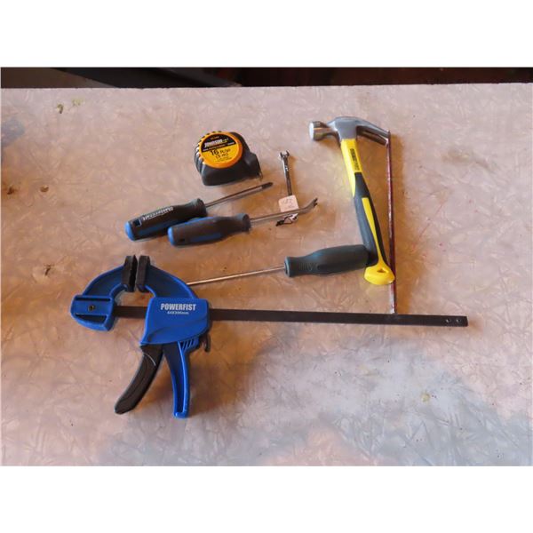 Various New Hand Tools: C-Clamp, small hammer, measuring tape, screw drivers