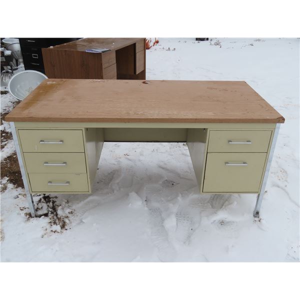 Large Office Wooden Top - Metal Drawer Desk - 6 Drawers