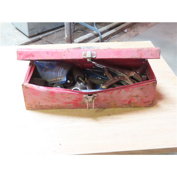 Red -  Metal Carry Tool Box (Bent) Filled with Misc Tools