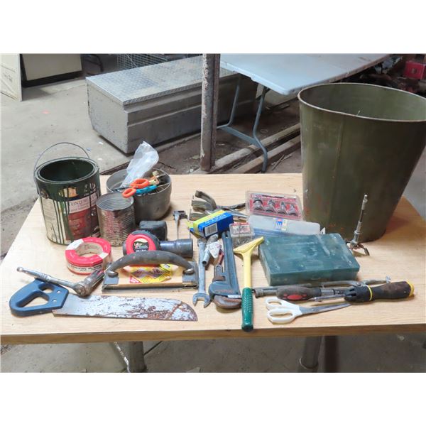Garbage Bin (Medium) Filled with Misc Hardware & Tools: Brand new sanding bands & drums, pipe wrench