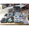 699  Garbage Bin Filled with  Hardware Items: Door Knob, Light Switch, Nuts and Bolts, Bucket, Ext  Tools