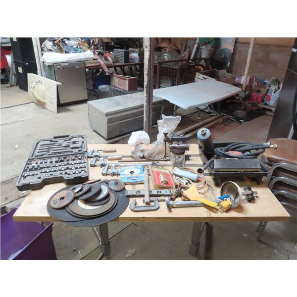 Tote Filled with Assorted Hardware & Tools: Zipcut Blades, Clamps, Bracket, Level, Paint Loop, Hose,