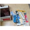 Image 5 : Box Of Assorted Hardware Pieces - Tape, Clamps, Nuts and Bolts, Drill Pieces - Various Hand Tools