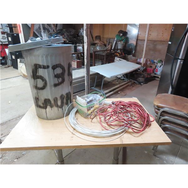 Metal Garbage Bin Filled with Extension Cord, Roll of Wire, and Basket of Misc Hardware Items