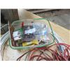 Image 2 : Metal Garbage Bin Filled with Extension Cord, Roll of Wire, and Basket of Misc Hardware Items