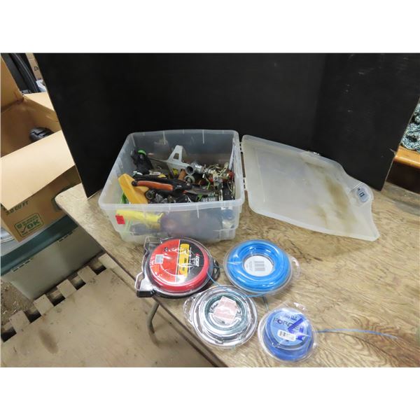 Bin of Garden Supplies - Garden Shovel - Sprinkler x 3 - Pruners - Weed Trimmer Wire - Hose Attachem