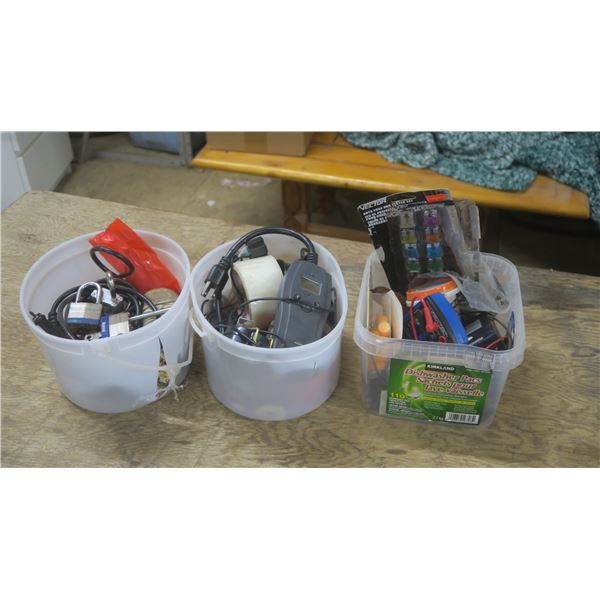 3 Containers Filled with Assorted Hardware Items: Tape, fuses, battery tester, fishing line, extensi