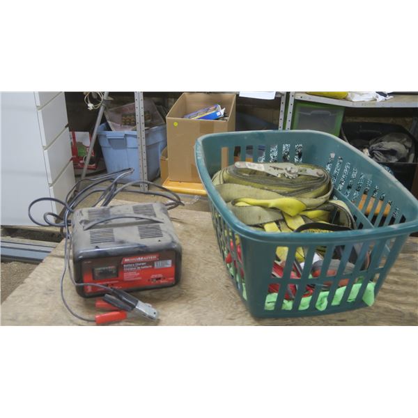 5 x Thick Ratchet Straps - Various Smaller ones / Motomaster Battery Charger w Engine Start / Ear PP