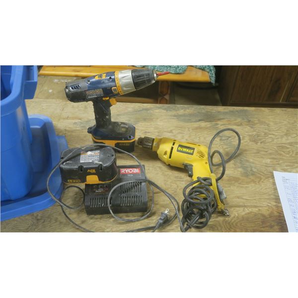 Ryobi Drill with Battery Charger and Extra Battery / Dewalt Electric Drill / Various Blades an Brush