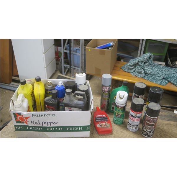 Box of Assorted: oils, paints, cleaners, raid