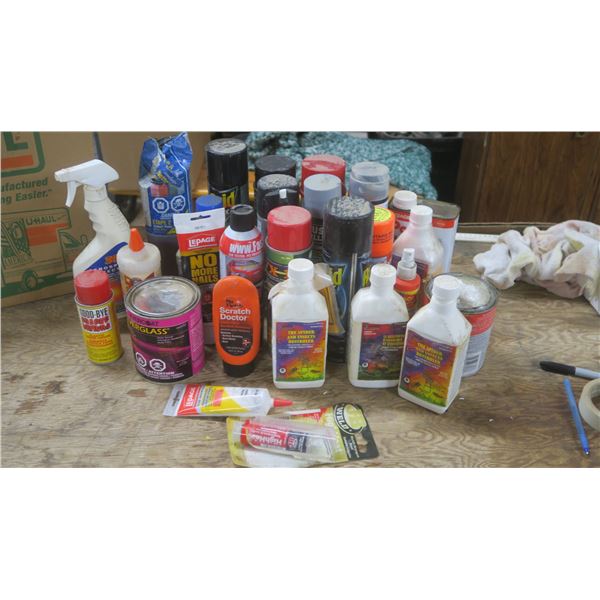 Box of Assorted: oils, paints, cleaners, raid