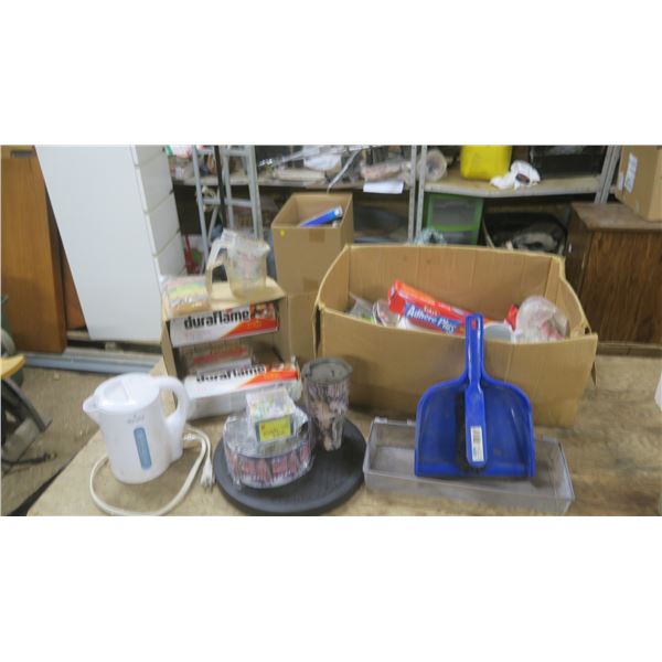 Box of FireStarter Logs / Kettle / Lazy Susan / Reading glasses / Travel Mug / Small Broom and Dustp