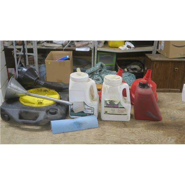 2 x Half Full Ice Containers of Ice Melt / 5 x Funnels / Oil Change Pan / Jerry Can