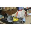 Image 7 : 2 x Half Full Ice Containers of Ice Melt / 5 x Funnels / Oil Change Pan / Jerry Can