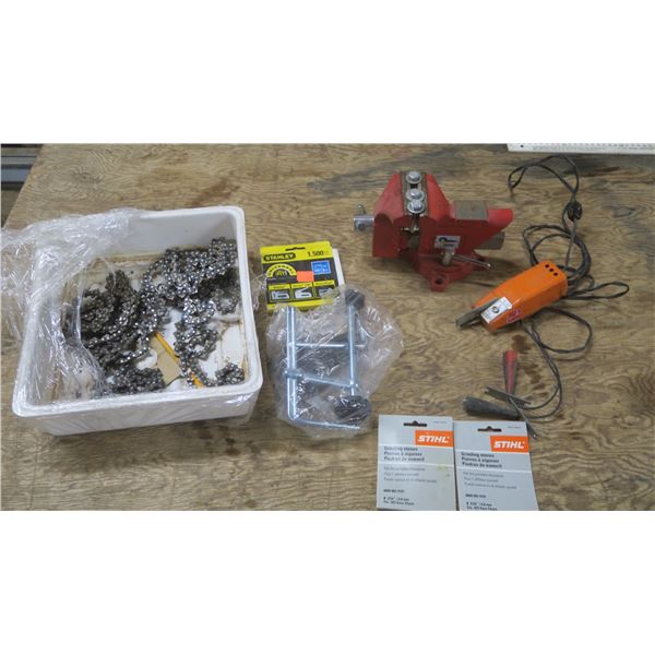 Various Chain Saw Heads, Strapping Tool, Measureing tool