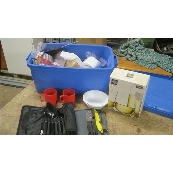 Tote Filled With: 4 Cups - New in Package, bowls, Cutlery,  Plastic Cups, Misc Kitchen Items