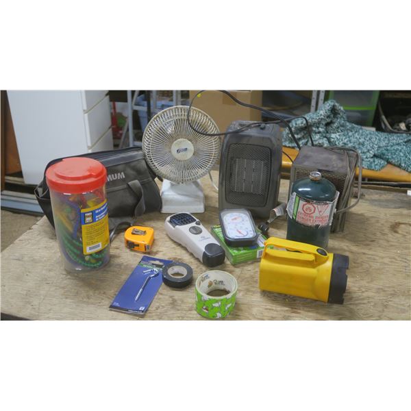 2 x Space Heaters / Desk Fan / Thermal Sensor / Flashlight / Bungee Cords / Misc Items