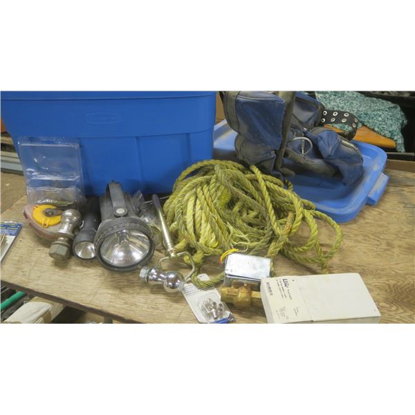 Tote with Assorted Hardware - Rope / MasterCraft Carpenters Belt / Flashlights / Trailer Hitch Ball
