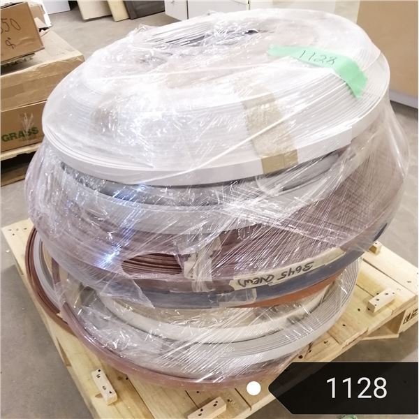 Pallet #7. Pallet of 3mm edge tape, variety of sizes & colour.