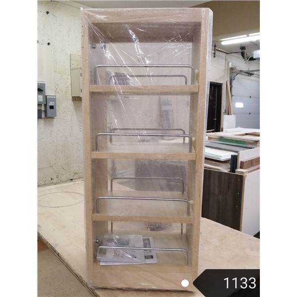 New upper 12” deep cabinet roll out spice organizer, attaches to cabinet door.