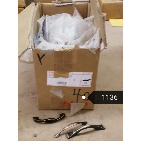 Large selection of cabinet hardware pulls, variety of sizes & finishes, mostly darker black, copper 