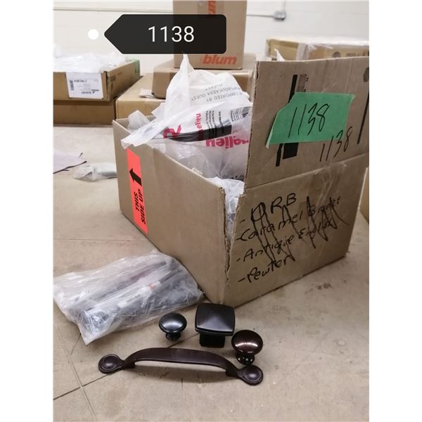 Box of dark finished knobs & pulls,black,bronze and other