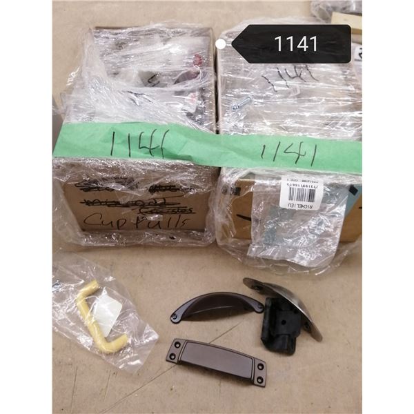 2 boxes including vintage style black overlay hinges, almond cabinet pulls and a nice selection of t