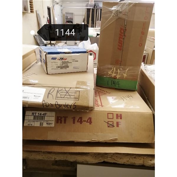 Box of plastic & metal shelf pegs. New door mount spice organizer & new 2 tier cabinet drawer cutler