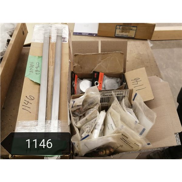 Large amount of new cutting board sliding hardware. Box of bed frame rail supports and pocket door i