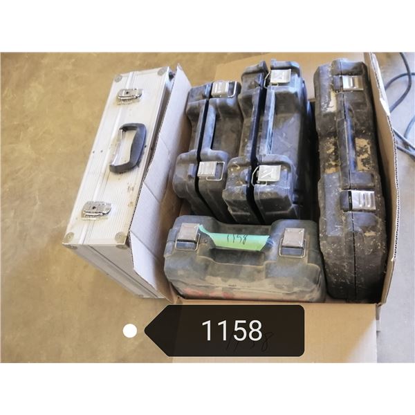 Box of empty power tool boxes & empty metal suitcase style tool carrier