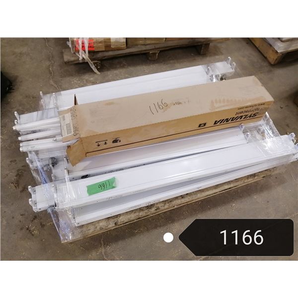 Pallet of 12 small florescent light fixtures. 9-48”/3-36” & partial box of tubes