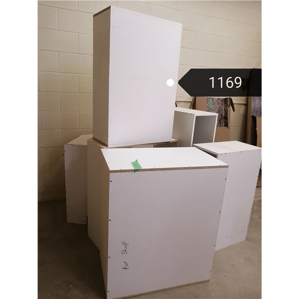 large lot of white melamine cabinets, different sizes(good for garage0 no doors