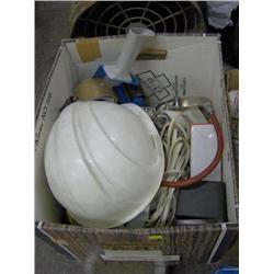 BOX--HARD HAT, CORDS, OIL WRENCH, ETC.