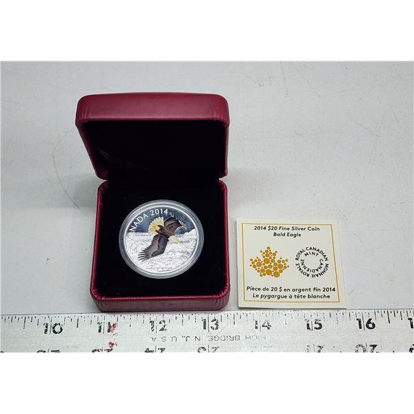 2014 $20 Bald Eagle. Colourized 99.99% pure Silver. Housed in its original RCM case & box of issue.