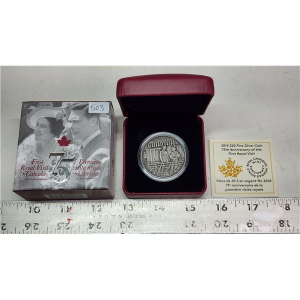 2014 $20 75th Anniversary of the First Royal Visit to Canada. Antique Finish. 99.99% pure Silver. Ho