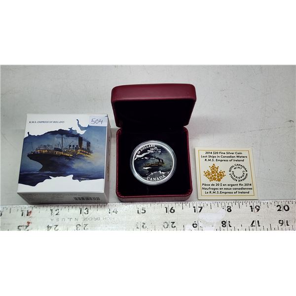 2014 $20 Lost Ships in Canadian Waters: R.M.S. Empress of Ireland. Colourized. 99.99% pure Silver. H