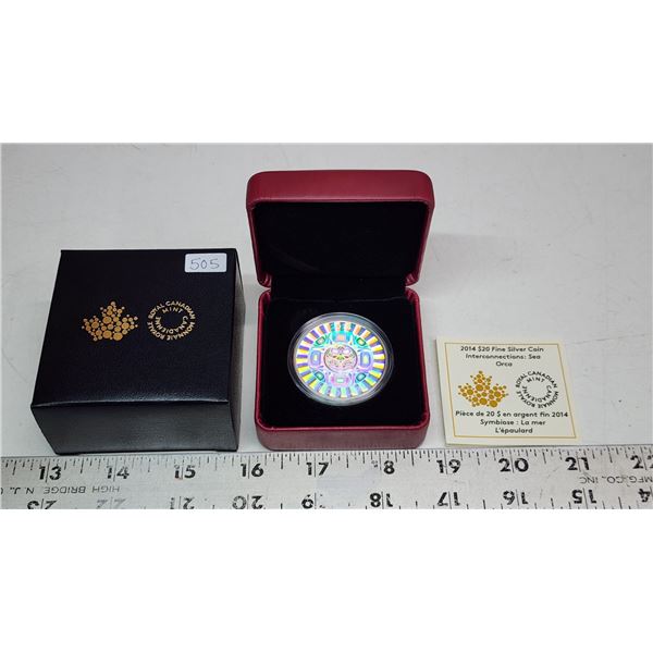 2014 $20 Sea Orca. Full Colour Hologram. 99.99% pure Silver. Proof. Housed in its original RCM case 