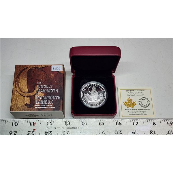 2014 $20 Prehistoric Animals: Woolly Mammoth. 99.99% pure Silver. Proof. Housed in its original RCM 