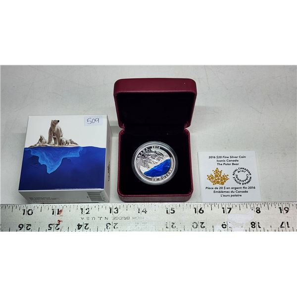 2016 $20 Polar Bear. Colourized. 99.99% pure Silver. Proof. Housed in its original RCM case & box of